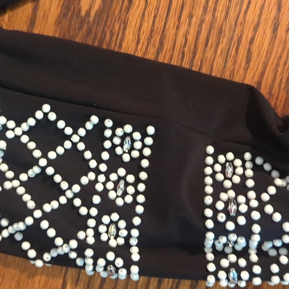 XSCAPE black knit party long sleeve sexy dress with white and clear beads sz 10 - Picture 9 of 11